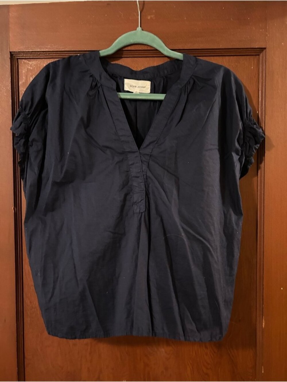 Dear John Navy Blue V-Neck Short Sleeve Blouse Ruched Back Medium